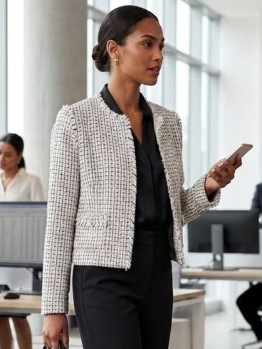 Love & Liberty Black White Plaid Tweed Cropped Jacket / Blazer with Fringe NWT